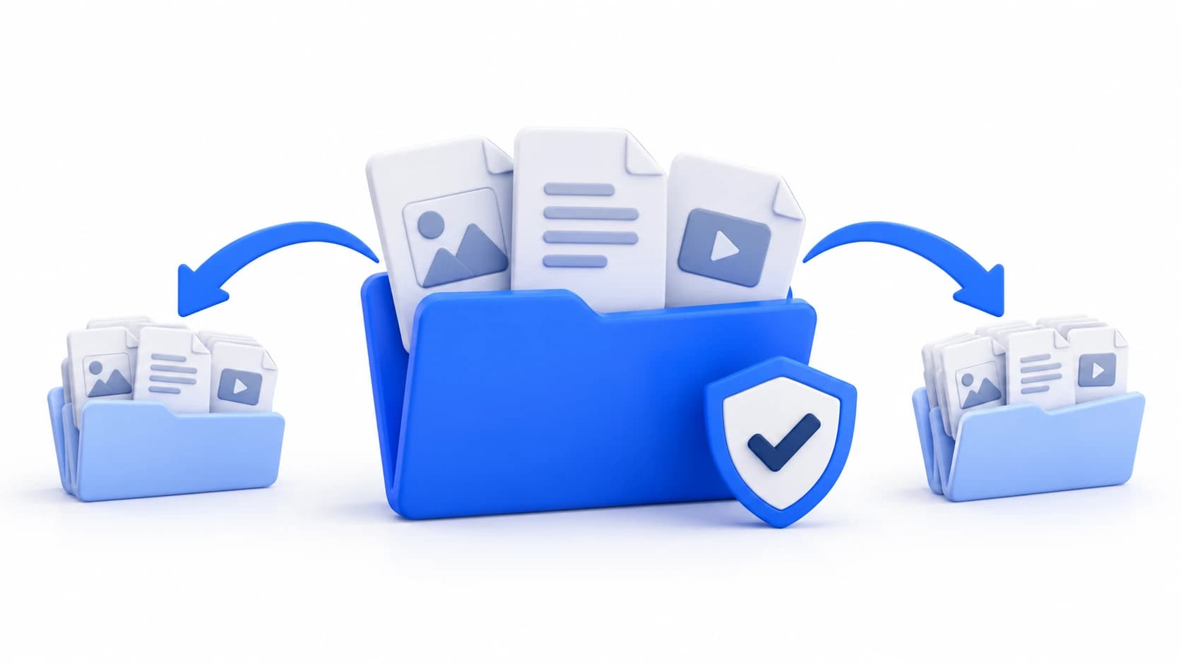Blue folders sharing documents, photos, and videos with a security shield