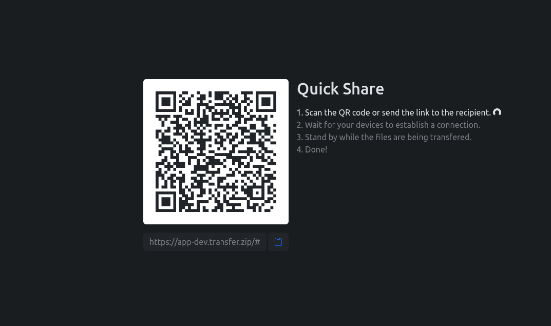Quick Share 2024: en QR-kod bredvid fyra steg för att skicka filer mellan två enheter.